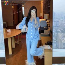 Edglulu Light Blue Turn-down Collar Long Sleeve Shirt +feather Full Pants Pyjamas Set Women Spring Autumn Suit Black White 0303 210831