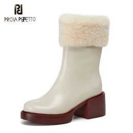 Boots Round Toe Side Zipper High-heel Plus Fleece Cotton Winter Style Cowhide Thick-soled Plush Short