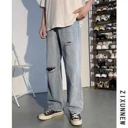 ripped jeans for men hombre men's summer loose straight high street pants Korean Trend Capris hip hop streetwear 211011