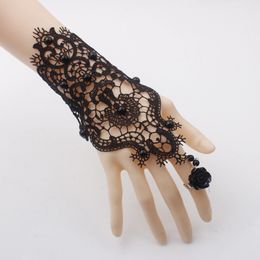 Black Bridal Gloves 2022 Handmade Bride Wedding White Rose Lace Ribbon Bracelet & Adjustable Ring Set Slave Glove Lady Party Formal Wear Fingerless Burlesque