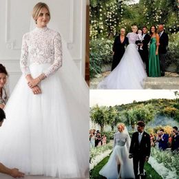 Gorgeous Lace Wedding Dresses Bridal Gown With 3/4 Long Sleeves High Neck Side Slit Tulle Sweep Train A Line Custom Made Plus Size Vestidos De Novia 403 403