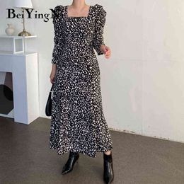 Beiyingni Korean CHIC Long Midi Dress Women Elegant Stylish Leopard Print Puff Sleeve Female Dress Square Collar Black Vestidos Y1204