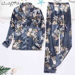 Women's Suit Silk Satin Pajamas Set Long Sleeve Trouser Suits Button-Down Sleepwear Loungewear Shorts Female Pyjamas Mujer 210809