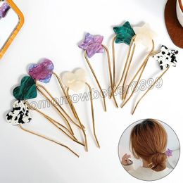 Korean Style Hairpins Handmade Heart Star Hair Stick Metal Geometric U Shaped Fork for Women Girls Disk Hair Headwear