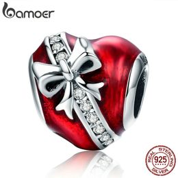 BAMOER Romantic New 925 Sterling Silver Bowknot Heart Clear CZ Beads fit Bracelets & Necklaces Chain DIY Jewelry Making SCC741 Q0531