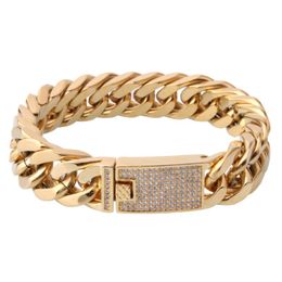 double curb chain UK - Link, Chain Mens Jewelry High Quality Gold Color Stainless Steel Double Link Curb White Crystal Bracelet 15mm8.66"