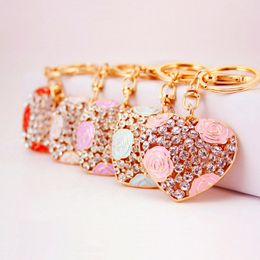 Hollow Heart Keychain Shiny Rhinestone Enamel Metal Flower Key Chains Women Handbag Hanging Pendant Keyrings Accessories