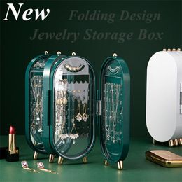 4 Doors Foldable Storage Earrings Organizer Boxes Dustproof Jewelry Storage Box For Necklace Bracelet Display Stand Plastic Box 210315