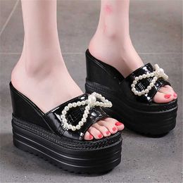 Slippers Summer Style Chunky 13CM Wedges Super High Heel Sandals Sexy Women's Black White String Bead Platform Peep Toe