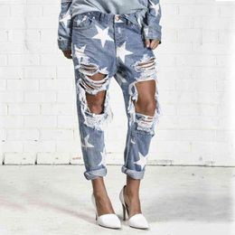 Summer Boyfriend Jeans Woman Big Hole for Women With Five-pointed Star Ripped Light Blue Denim Pants 211129
