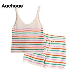 Aachoae 2021 Summer Women Casual Two Piece Sets Striped Knitted Backless Sleeveless Tops With High Waist Bow Tie Elastic Shorts Y0719