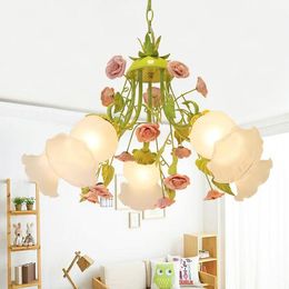 Chandeliers Modern European Chandelier Lamp Lustre Green Colour Pendant Pink Rose Flower Light Fixture E14 Decoration Design