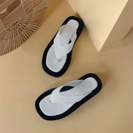 Flip Flops Real Leather Slippers Platform Wedge Mid Heel Slides Round Toe Women Sandals Black White Summer Large Size 40