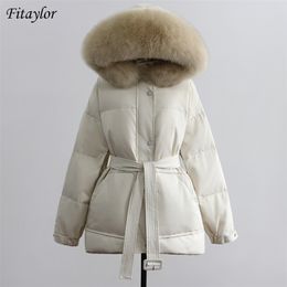 Fitaylor Winter Large Natural Fur Collar Hooded Jacket Women with Belt Thickness Snow Warm Parkas 90% White Duck Down Loose Coat 211216