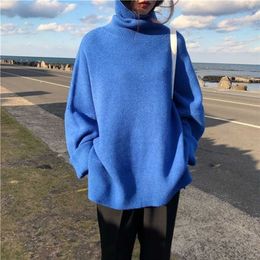 Turtleneck Collar Sweater Spring Autumn Pattern Long Sleeve Solid Knitting Pulloveres Overszie Casual Women Black Blue 211103