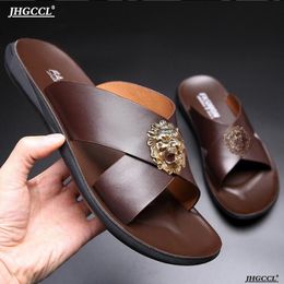 Flip-flops New for Style Men Cowhide Casual Slippers Brand Designer Leather Beach Shoes Women's Plus Size 46, 47, 48 San 7424