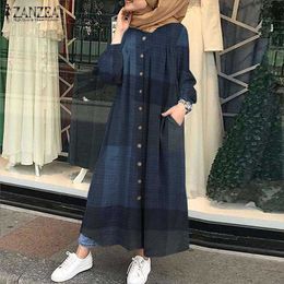 Women Muslim DrZANZEA Autumn Vintage Long Sleeve Plaid Checked SundrKaftan Robe Femme Vestidos Loose Long Dresses Baggy X0529