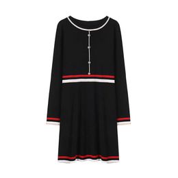 PERHAPS U Black Pink Blue O Neck Full Long Sleeve Knitted Knee Length Button Autumn Winter Dress Elegant D1388 210529