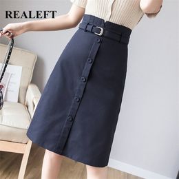 REALEFT New Spring Summer Work Wear Single Breasted Women Midi Skirts with Belt Korean OL Style High Waist A-Line Skirts 210311