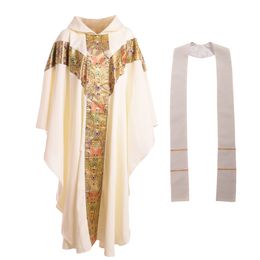 -Priester Kostüme Heilige Kirche Wärme Klerus Chasuble Katholische Kleidung Robe Set Kreuz Gestickte Gestaue Arbeit weiß / lila / rot / grün