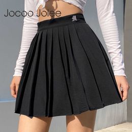 Jocoo Jolee Women Elegant Gothic Pleated Mini Skirts Elastics High Waist Embroidery Preppy Style A Line Skirt Casual Dance Skirt 210619