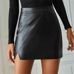 High Waist Split PU Leather Women's Mini Skirt Bodycon A-Line Black Sexy Female Short Spring Autumn Ladies Bottom 210629