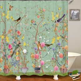 Chinese Style Flower and Birds Tree Shower Curtains Bath Curtain Waterproof Bathroom Decor With Hooks 3d Printing Bath Curtain 211115