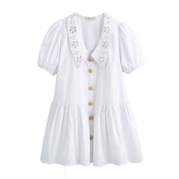 Women Sweet Fashion Hollow Out Embroidery Ruffled Mini Dress Vintage V Neck Puff Sleeve Dresses Casual Girls Vestidos 210531