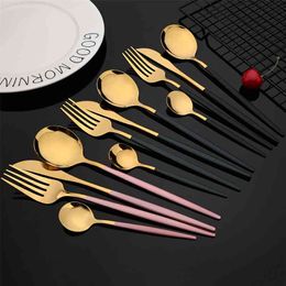 24Pcs/set Stainless Steel Black Gold Dinnerware Set Knife Fork Spoon Cutlery Set Tableware Silverware Set Drop 210706