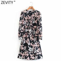 Zevity Women Vintage O Neck Flower Print Bow Tied Sashes Casual Slim Midi Dress Office Lady Long Sleeve Chic Vestido DS4810 210603