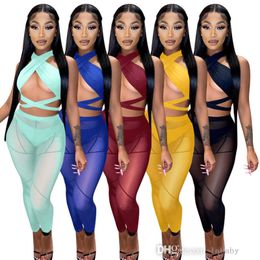 Sheer Yoga Pants Two Piece Sets For Women 2022 Designer Clothing Sexy Crop Top And Mesh Leggings Bodysuit Matching Sets