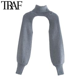 TRAF Women Fashion Arm Warmers Knitted Sweater Vintage Turtleneck Long Sleeve Female Pullovers Chic Tops 210812