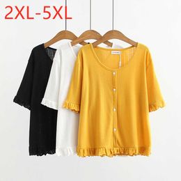 New 2021 Ladies Summer Plus Size Tops For Women Large Short Sleeve Loose Cotton White Yellow Ruffle T-Shirt 2XL 3XL 4XL 5XL Y0621