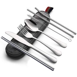 7pcs Dinnerware Set Travel Cutlery Set Reusable Silverware with Metal Straw Spoon Fork Chopsticks Kitchen Accessory with Case 211012