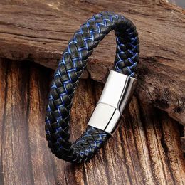 Charm Bracelets 2021 Men Jewellery Punk Black Blue Braided Leather Bracelet For Stainless Steel Magnetic Clasp Fashion Bangles Gifts