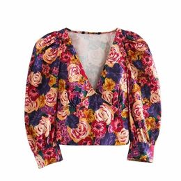 Women Vintage pleats puff sleeve floral print casual smock blouses female retro v neck Brand short shirts femininas tops T200321