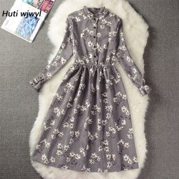 Corduroy High Elastic Waist Vintage Dress Autumn Winter Women Full Sleeve Floral Midi Dress Bodycon Party Sexy Vestido 25 Colours 210309