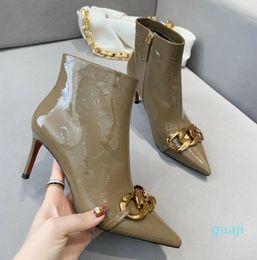 High-end women's shoes autumn and winter fetal cow lacquered leather fashion metal buckle pointy high-heeled boots
