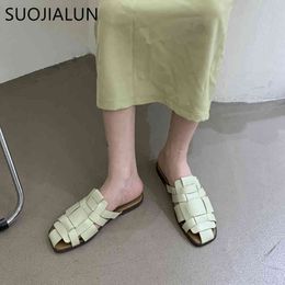 SUOJIALUN 2021 Brand Women Slipper Fashion Weave Flat Heel Slides Round Toe Slip On Casual Mules Shoes Ladies Sandals Mujer K78