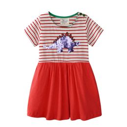 Jumping Meters Dinosaurs Applique Dresses for Baby Girls Clothing Summer Stripe Princess Cotton Kids Child Frocks 210529