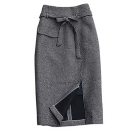Korean Plaid Woolen Skirt Mid-length High-waist Slit Autumn and Winter Bag Hip High Quality Office Female 210527