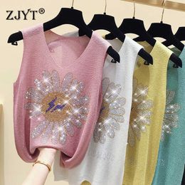 Summer Women Sleeveless Knitted Tank Tops Sexy Female V-Neck Camisole Club Girls Vest Strap Camis Thin Shiny Glitter TShirts 210601