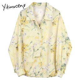 Yitimuceng Floral Pint Blouse Women Vintage Shirts Loose Spring Fashion Clothes Long Sleeve Turn-down Collar Chiffon Tops 210601