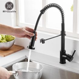 Matte Black Kitchen Sink Faucet One Handle Spring and Cold Water Tap Deck Mounted Bathroom Kitchen Crane 211108