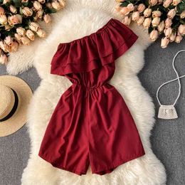 Ins Fashion Women's Playsuits Solid Ruffled One Shoulder Sleeveless Elastic Waist Wide Leg Short Pants Summer Holidays Overalls 210603