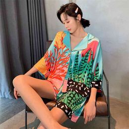 JULY'S SONG Women Pyjamas Set 2 Pieces Plant Printed Satin Silk Pyjama Suit Simple Casual SleepwearFor Female Short Sleeves 210901