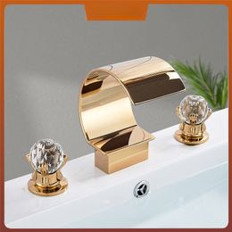 Luxury Golden Bathroom Basin Faucet for Vessel Sink Crane Waterfall Hot and Cold Water Mixer Tap Dual Cristal Handle