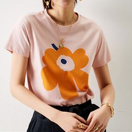 New 100% Cotton Women T-shirt Sunflower Print Ladies Pink/White O-neck Tee Female Short Sleeve Summer T Shirts Top No label 210306