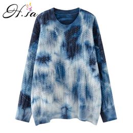 H.SA Women Winter Clothes Christmas Tie Dye Pull Jumpers Purple Irregular Printed Knitwear Korean Sweater Twisted Tops 210716