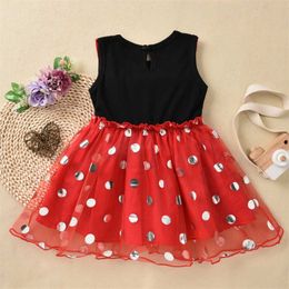 2021 New Baby Sleeveless Mesh Aline Dress with Doll Collar Dot Printing Sequins High Waist Summer Dress for 2-6 Years Q0716